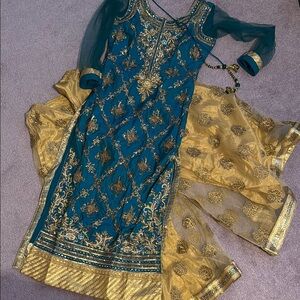 Elegant Teal and Gold Embroidered Dress